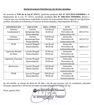 Acciones de Saneamiento Físico Legal de los predios del distrito y provincia de Huancabamba, departamento de Piura.