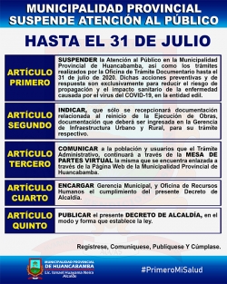 MUNICIPALIDAD PROVINCIAL SUSPENDE ATENCIÓN AL PÚBLICO HASTA EL 31 DE JULIO