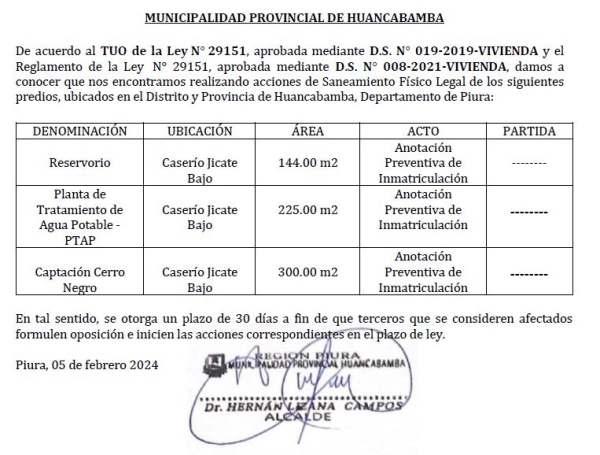 Acciones de Saneamiento Físico Legal de predios ubicados en el Distrito y Provincia de Huancabamba, Departamento de Piura.