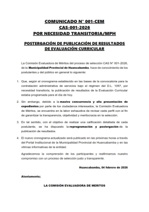 COMUNICADO N&deg;01-CEM-CAS-2026 POR NECESIDAD TRANSITORIA/MPH
