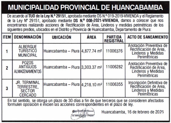 Acciones de Rectificaci&oacute;n de Area, Linderos y medidas perim&eacute;tricas de predios, ubicados en el Distrito y Provincia de Huancabamba - Piura.