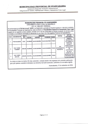 MUNICIPALIDAD PROVINCIAL DE HUANCABAMBA, SANEAMIENTO F&Iacute;SICO LEGAL DE INMUEBLES (D.S. N.&ordm; 008-2021-VIVIENDA)
